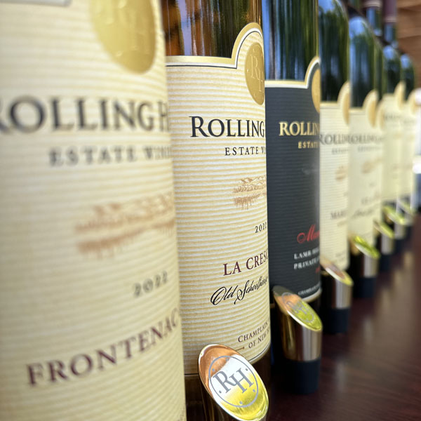 Rolling Hills wine bottles in a row - labels